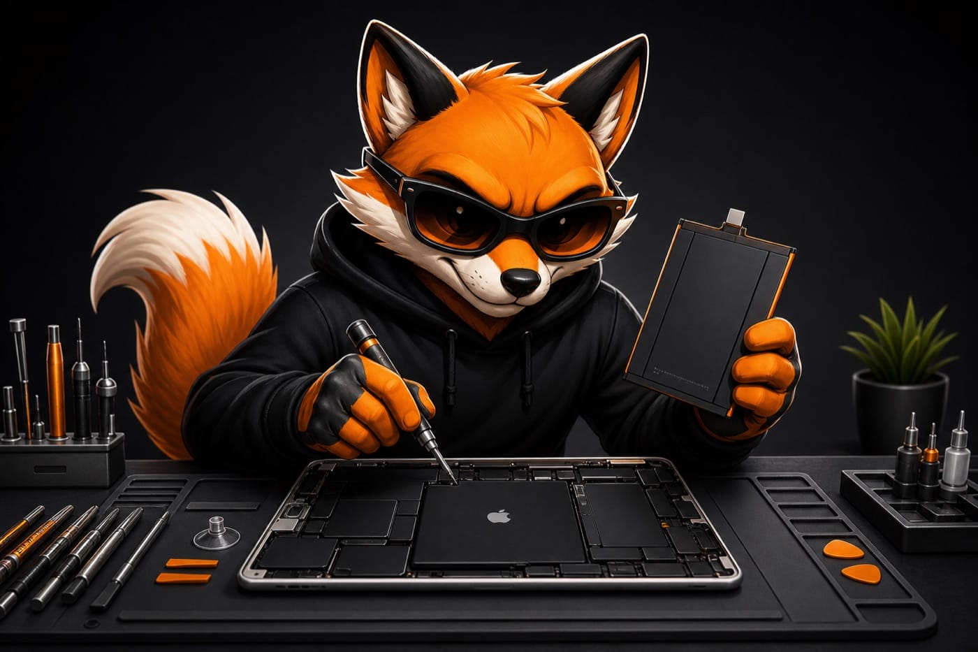Mascote NJCELL raposa trocando bateria de iPad em Sorocaba