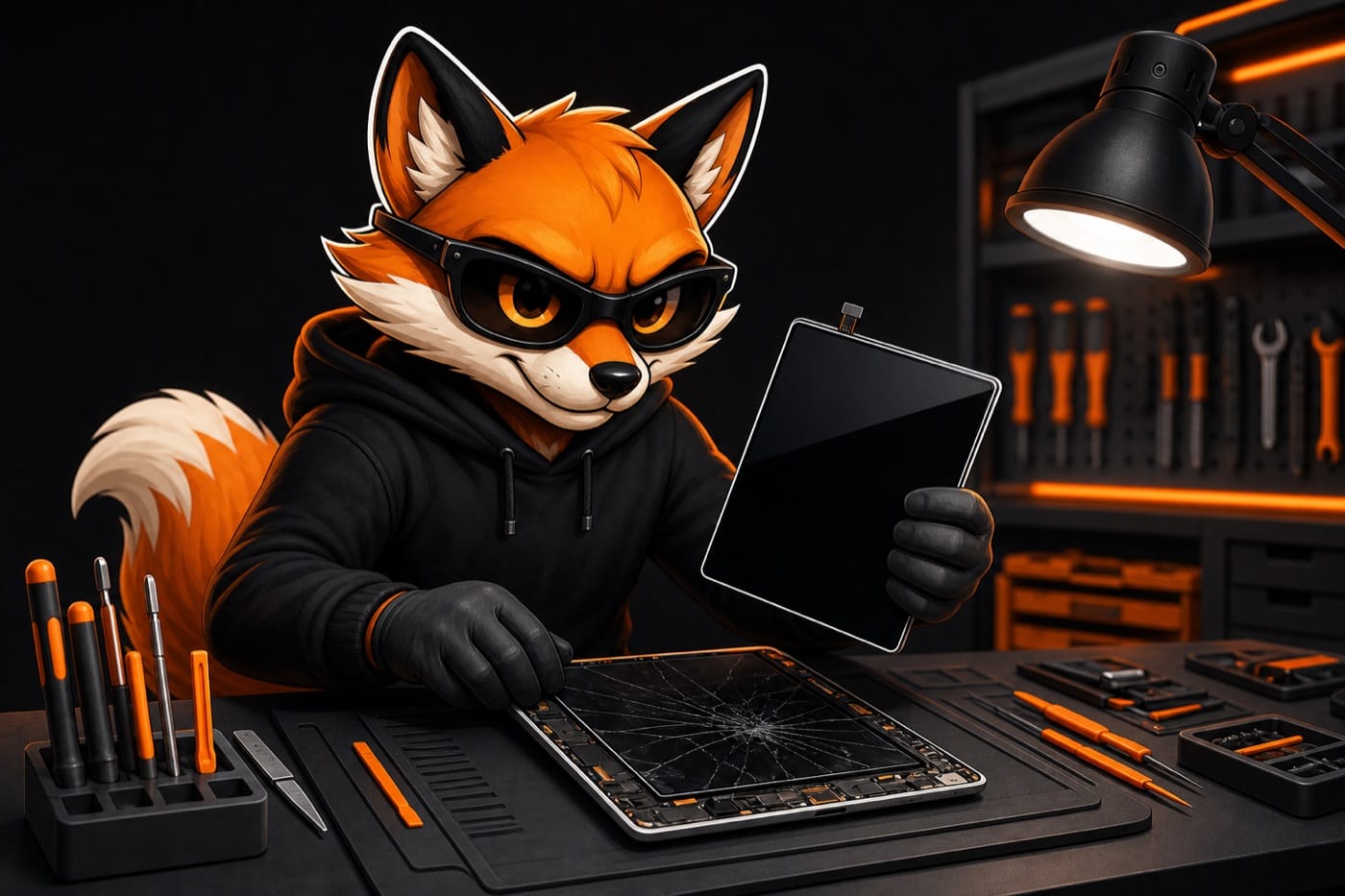 Mascote NJCELL raposa trocando tela de iPad em Sorocaba