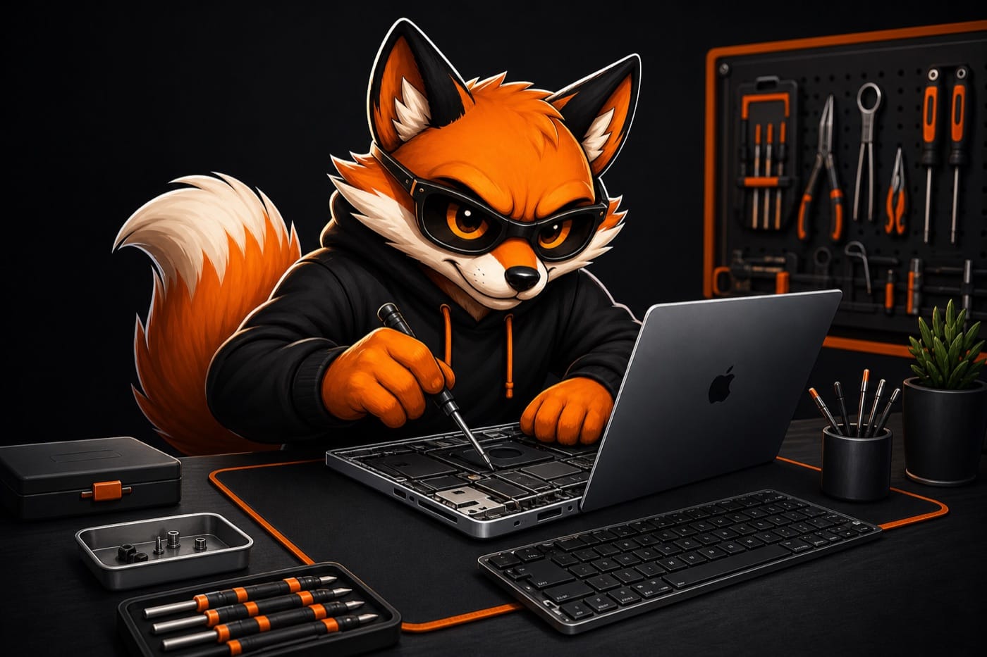 Assistência MacBook Sorocaba - NJCELL Mascote NJCELL raposa realizando assistência técnica de MacBook em Sorocaba