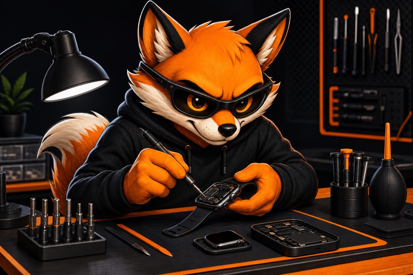 Conserto Apple Watch Sorocaba - NJCELL Mascote NJCELL raposa realizando conserto de Apple Watch em Sorocaba