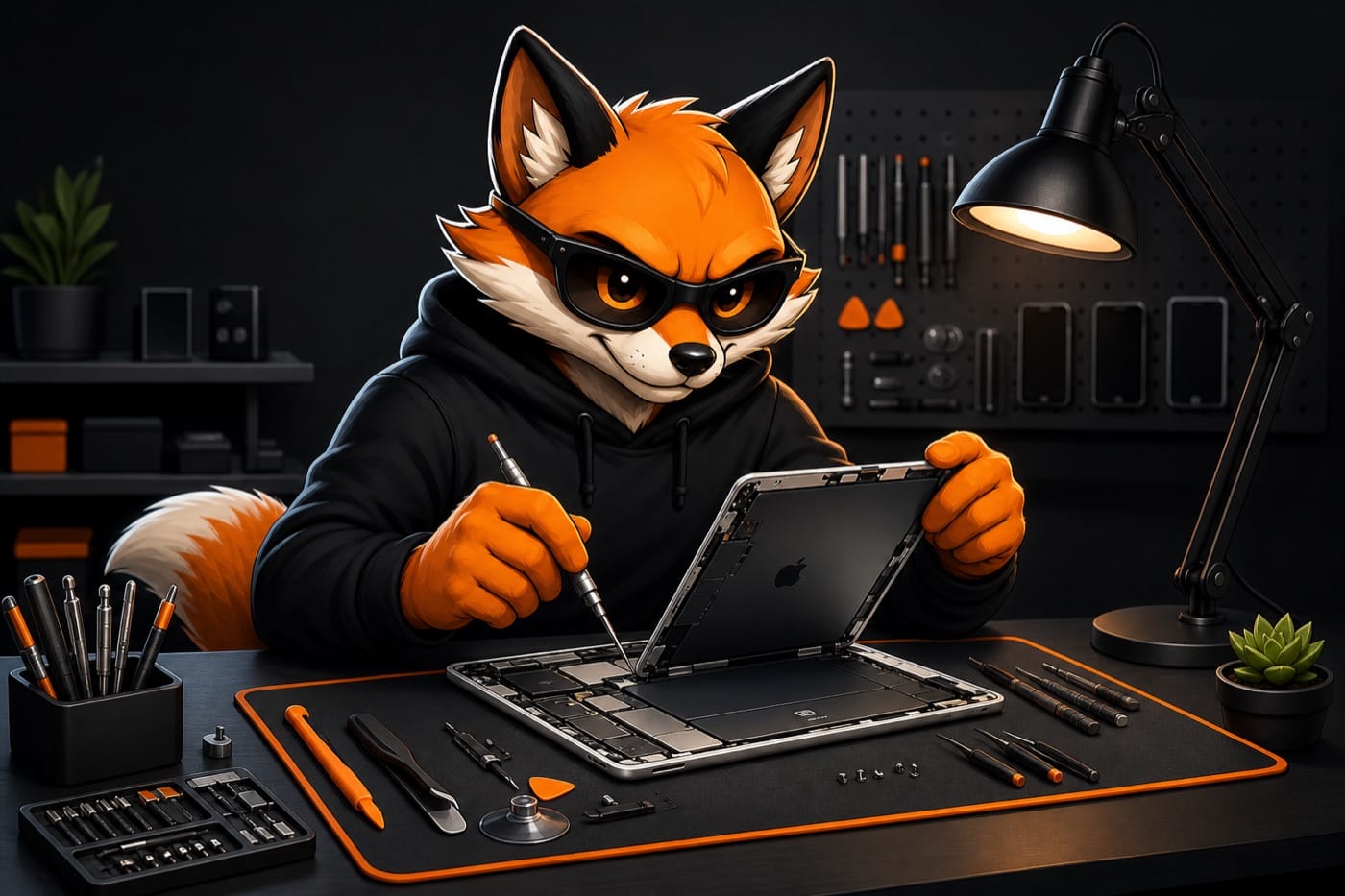 Conserto de iPad Sorocaba - NJCELL Mascote NJCELL raposa realizando conserto de iPad em Sorocaba